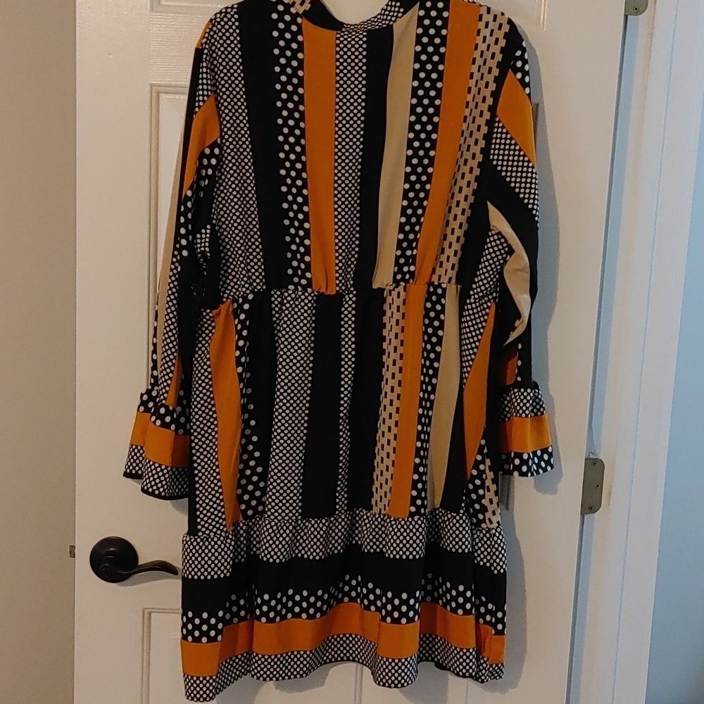 Plus Size 1X-2X Midi Dress Lightweight Mixture Of Polka Dots & Stripes Fall Hues - Picture 3 of 7